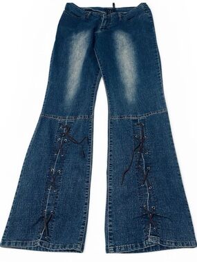 Vintage Y2K Sebo Paris 32/30 Flare Jeans Leather Lacing Mid Rise Boho